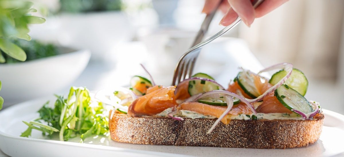 Lunch, Open-Faced Sandwich with Salmon, Cucumber, Daily Greens