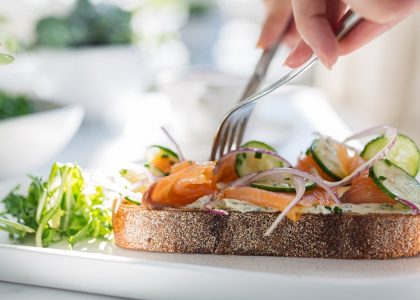 Lunch, Open-Faced Sandwich with Salmon, Cucumber, Daily Greens
